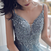 Deep V-neck Appliqued Prussian Blue Multi-Layered Organza Prom Dresse